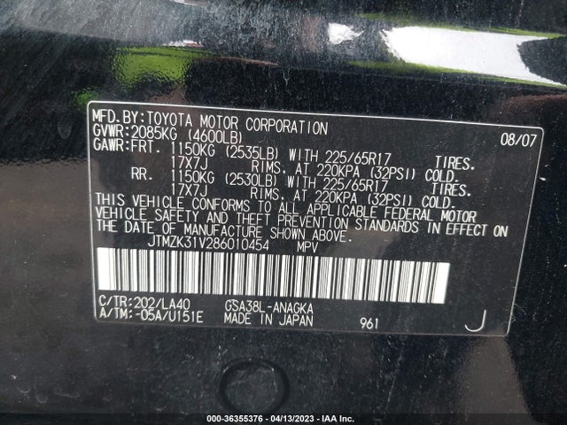 2008 TOYOTA RAV4 LTD VIN: JTMZK31V286010454