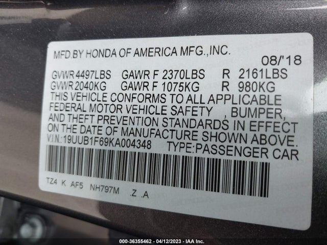 2019 ACURA TLX W/A-SPEC PKG VIN: 19UUB1F69KA004348