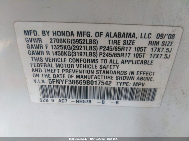 2009 HONDA PILOT EX-L W/RES VIN: 5FNYF38669B017542