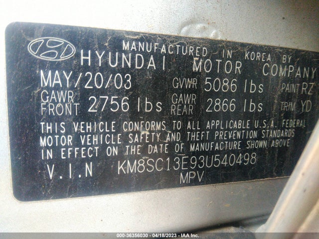 2003 HYUNDAI SANTA FE GLS/LX VIN: KM8SC13E93U540498