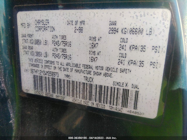 1998 DODGE RAM 1500 VIN: 3B7HF12Y2WM258973