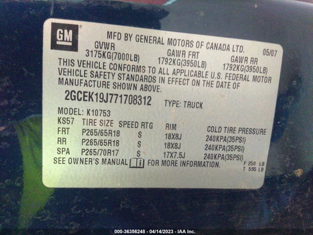 2007 CHEVROLET SILVERADO 1500 LT W/1LT VIN: 2GCEK19J771708312