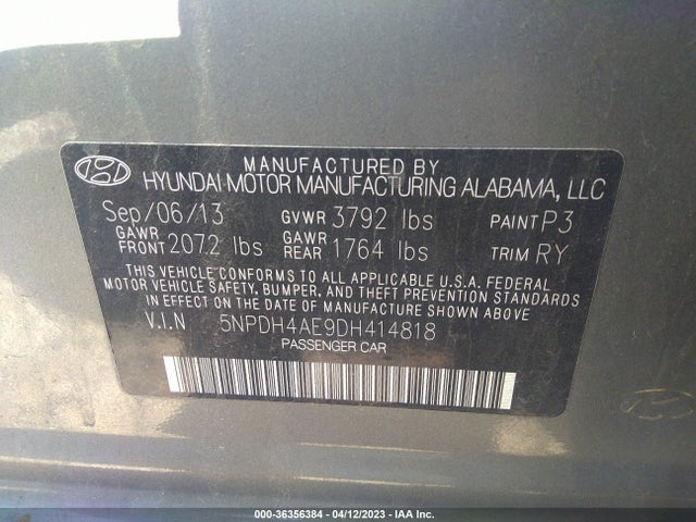2013 HYUNDAI ELANTRA LIMITED PZEV VIN: 5NPDH4AE9DH414818