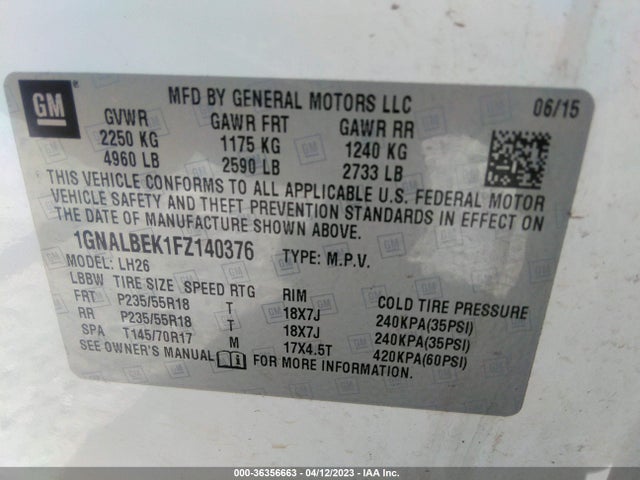 Chevrolet EQUINOX LT 2015 1GNALBEK1FZ140376 Image 10
