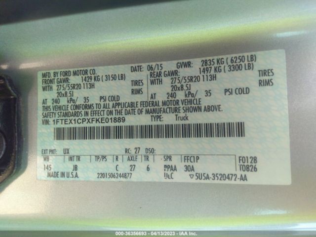 1FTEX1CPXFKE01889 Ford F-150 Xl/lariat/xlt