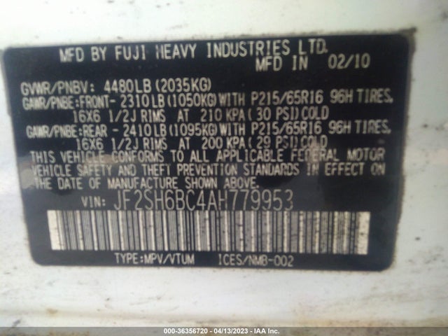 2010 SUBARU FORESTER 2.5X VIN: JF2SH6BC4AH779953