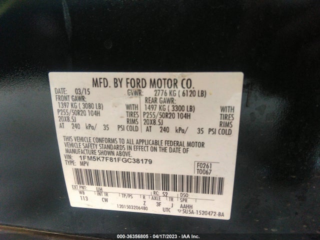 2015 FORD EXPLORER LIMITED VIN: 1FM5K7F81FGC38179