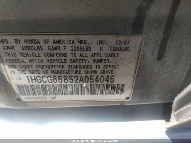 2002 HONDA ACCORD SDN SE/EX/EX W/LEATHER VIN: 1HGCG66852A054045