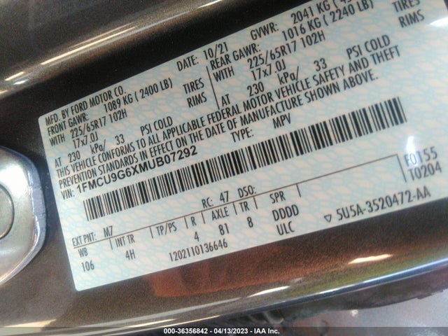 2021 FORD ESCAPE SE VIN: 1FMCU9G6XMUB07292