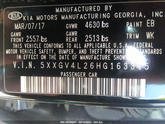2017 Kia Optima, VIN: 5XXGV4L26HG163315
