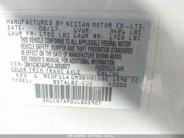 3N1CN7AP0JL805927 Nissan Versa Sedan Sv