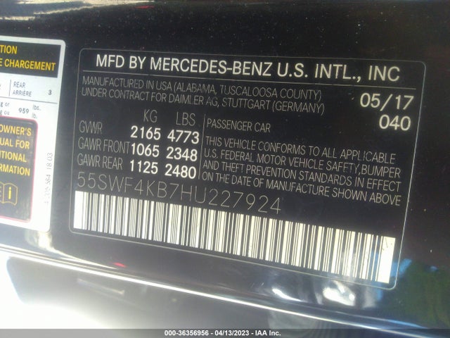 2017 MERCEDES-BENZ C-CLASS C 300 VIN: 55SWF4KB7HU227924