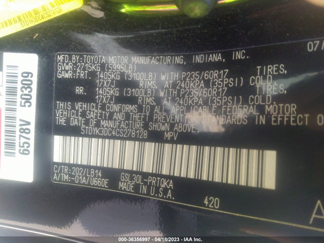 2012 TOYOTA SIENNA XLE AAS/XLE/LTD VIN: 5TDYK3DC4CS278128