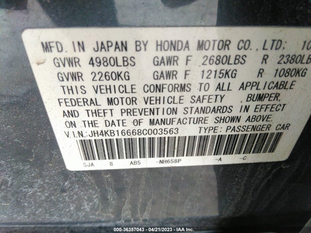 2008 ACURA RL TECH PKG/TECH/CMBS W/PAX VIN: JH4KB16668C003563