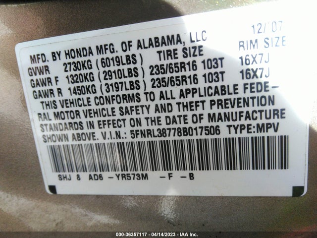 2008 HONDA ODYSSEY EX-L VIN: 5FNRL38778B017506