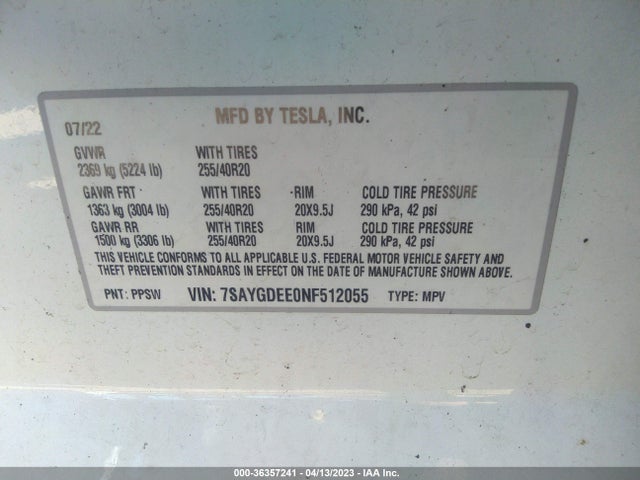 7SAYGDEE0NF512055 Tesla Model Y Long Range