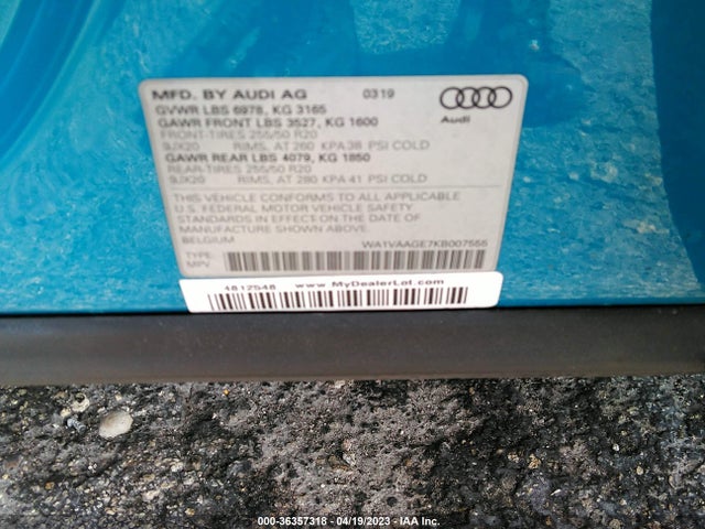 2019 Audi e-tron, VIN: WA1VAAGE7KB007555