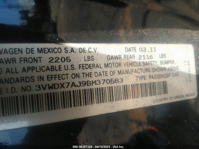 2011 VOLKSWAGEN JETTA SEDAN SE W VIN: 3VWDX7AJ9BM370583