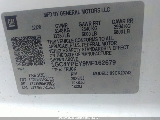 Auction sale of the 2021 Chevrolet Silverado 2500hd Ltz, vin: 1GC4YPEY9MF162679, lot number: 36357404