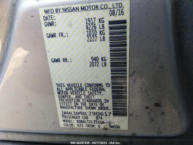2016 NISSAN ALTIMA 2.5 SL VIN: 1N4AL3AP9GC290617