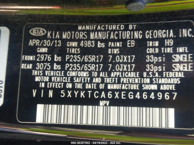 5XYKTCA6XEG464967 KIA SORENTO LX