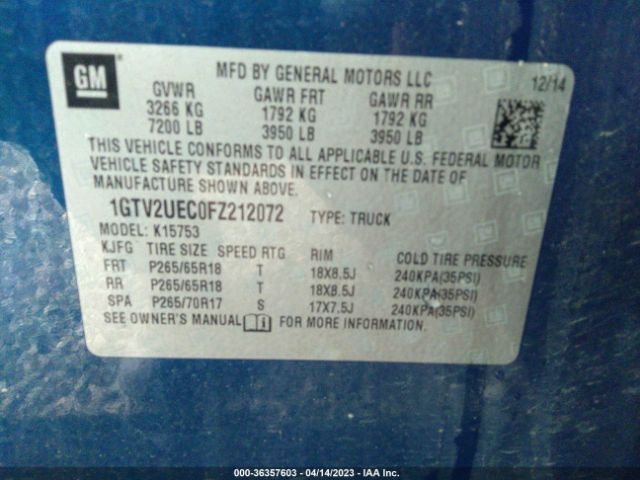 1GTV2UEC0FZ212072 GMC Sierra 1500 Sle