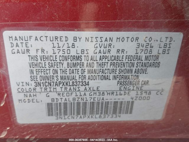 3N1CN7APXKL837334 Nissan Versa Sedan Sv