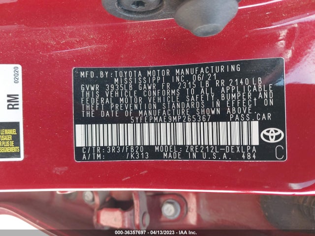 2021 TOYOTA COROLLA LE VIN: 5YFEPMAE9MP265367