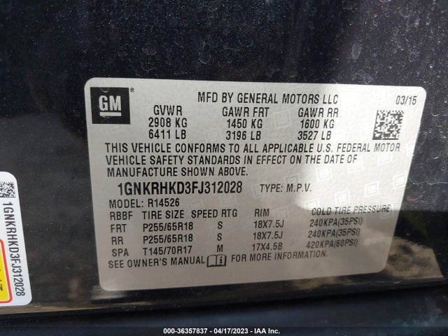 Chevrolet Traverse Lt 2015 1GNKRHKD3FJ312028 Image 11