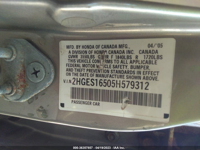 2005 HONDA CIVIC SDN LX SE VIN: 2HGES16505H579312