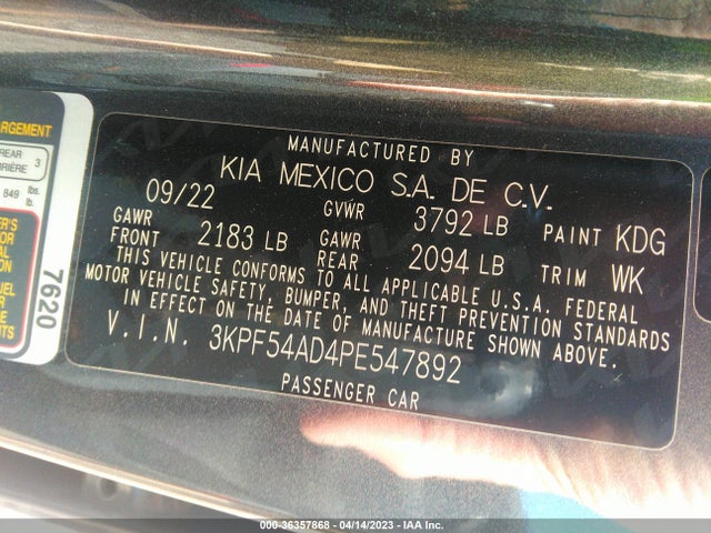2023 KIA FORTE GT LINE VIN: 3KPF54AD4PE547892