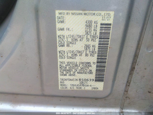 2018 Nissan NV, VIN: 5BZAF0AA5JN850639