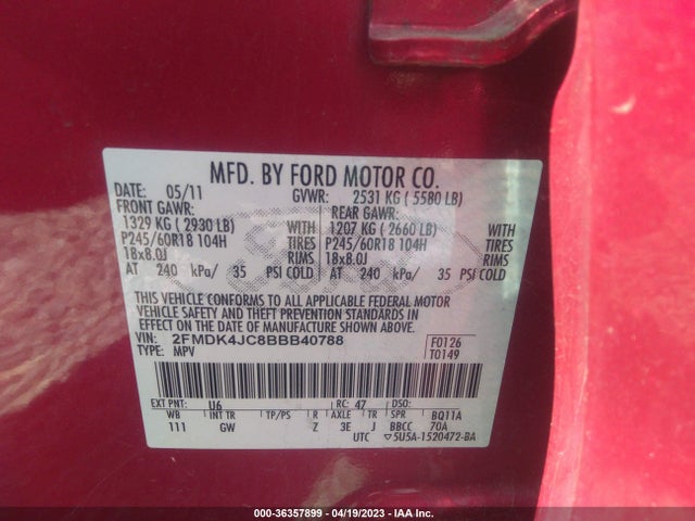 2011 FORD EDGE SEL VIN: 2FMDK4JC8BBB40788