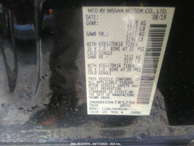 1N6AD0EV2KN785296 Nissan Frontier Sv