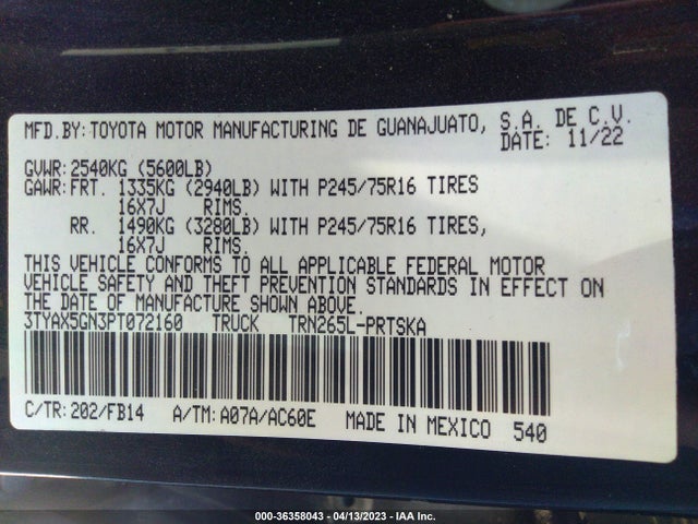 2023 TOYOTA TACOMA 2WD SR/SR5 VIN: 3TYAX5GN3PT072160