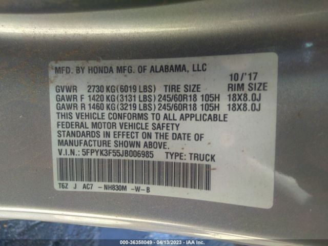 5FPYK3F55JB006985 Honda Ridgeline Rtl
