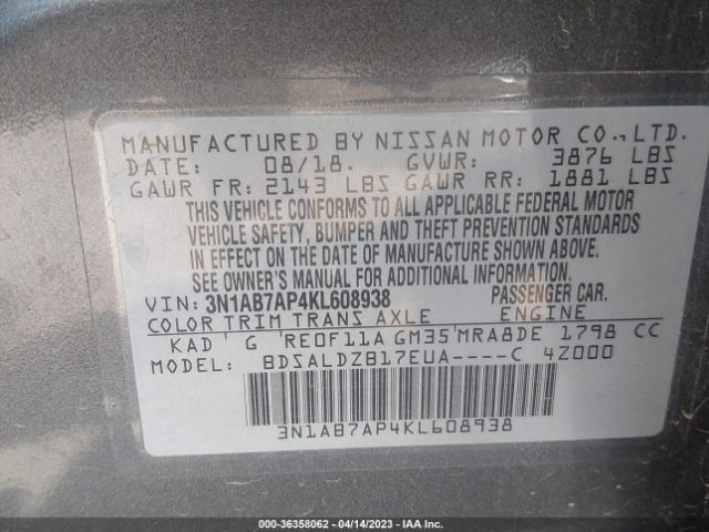 3N1AB7AP4KL608938 Nissan SENTRA SV