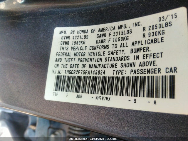 Honda Accord Sedan Ex 2015 1HGCR2F75FA145834 Image 9