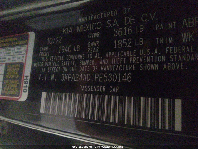 2023 KIA RIO LX VIN: 3KPA24AD1PE530146