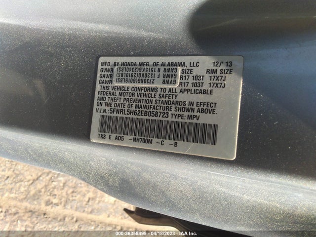 2014 HONDA ODYSSEY EX-L VIN: 5FNRL5H62EB058723