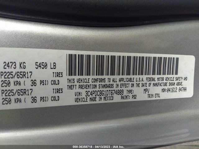2013 DODGE JOURNEY SXT VIN: 3C4PDCBG1DT674889