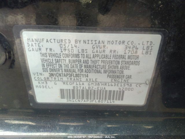 3N1CN7AP3FL807114 Nissan Versa S/s Plus/sl/sv