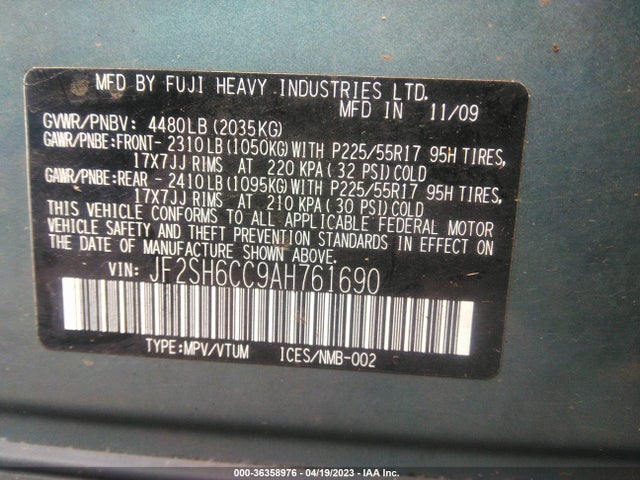 2010 SUBARU FORESTER 2.5X PREMIUM VIN: JF2SH6CC9AH761690