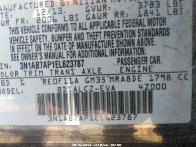 2014 NISSAN SENTRA S VIN: 3N1AB7AP1EL623787