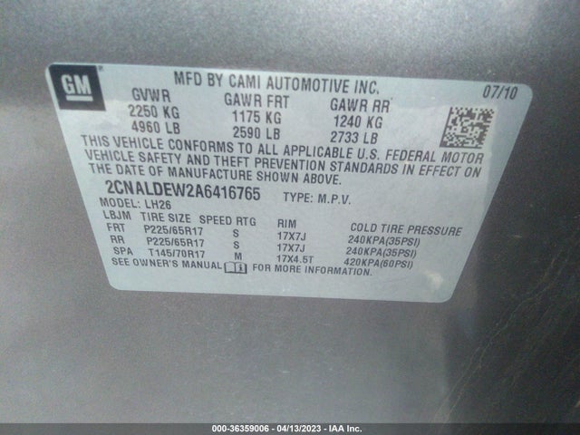 2010 CHEVROLET EQUINOX LT W/1LT VIN: 2CNALDEW2A6416765