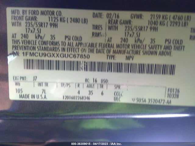 Ford ESCAPE SE 2016 1FMCU9GXXGUC67850 Image 9