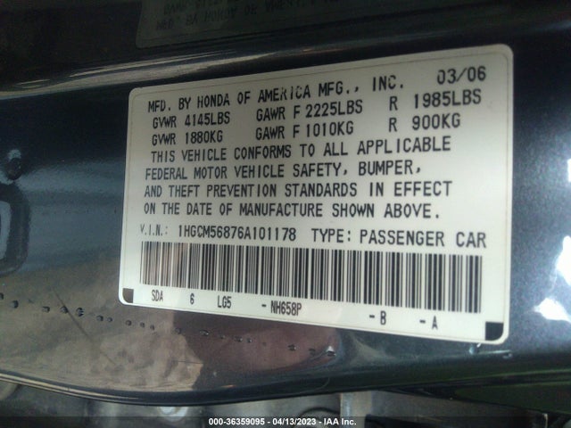 2006 HONDA ACCORD SDN EX-L VIN: 1HGCM56876A101178