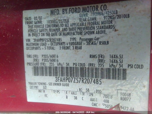 2007 FORD FUSION SE VIN: 3FAHP07Z57R207485