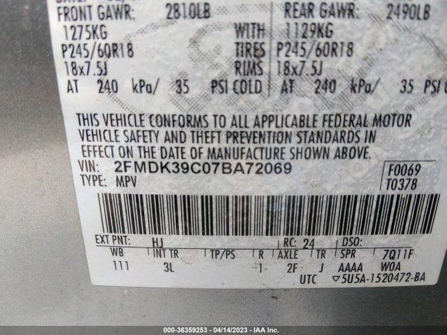 2007 FORD EDGE SEL PLUS VIN: 2FMDK39C07BA72069