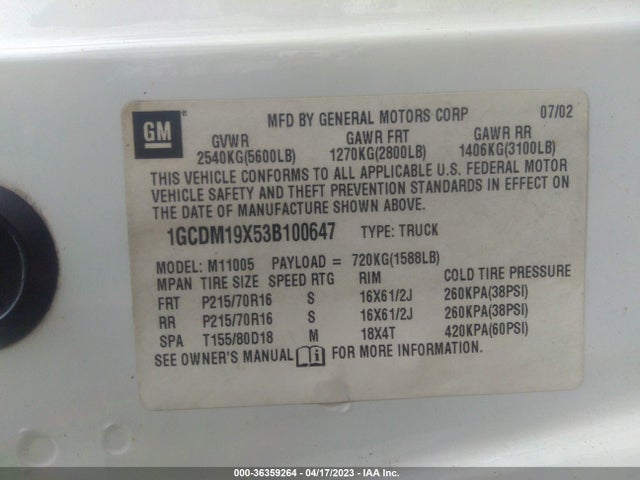 2003 CHEVROLET ASTRO CARGO VAN VIN: 1GCDM19X53B100647